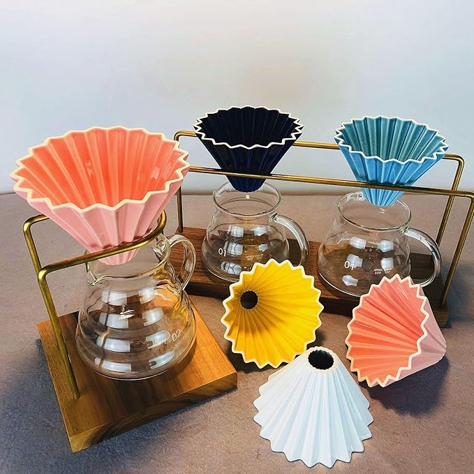 Ceramic Coffee Dripper Pour Over Coffee Maker with Wood Stand Elegant Flower Shape Filter