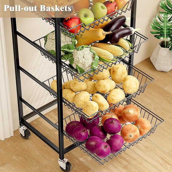Kitchen Microwave Cart with Fruit Baskets, 5 Tier Microwave Table Stand with Fruit Vegetable Storage Small Rolling Cart on Wheels, Floor Organizers and Storage for Pantry Kitchen, Living Room