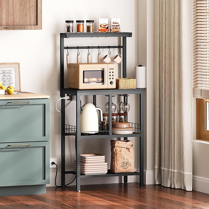Bakers Rack with Power Outlet, Microwave Stand with Paper Holder, Coffee Bar Table with Wine Glass Holder, 4-Tier Kitchen Storage Rack for Dining Room, Living Room, Black HB02UBB
