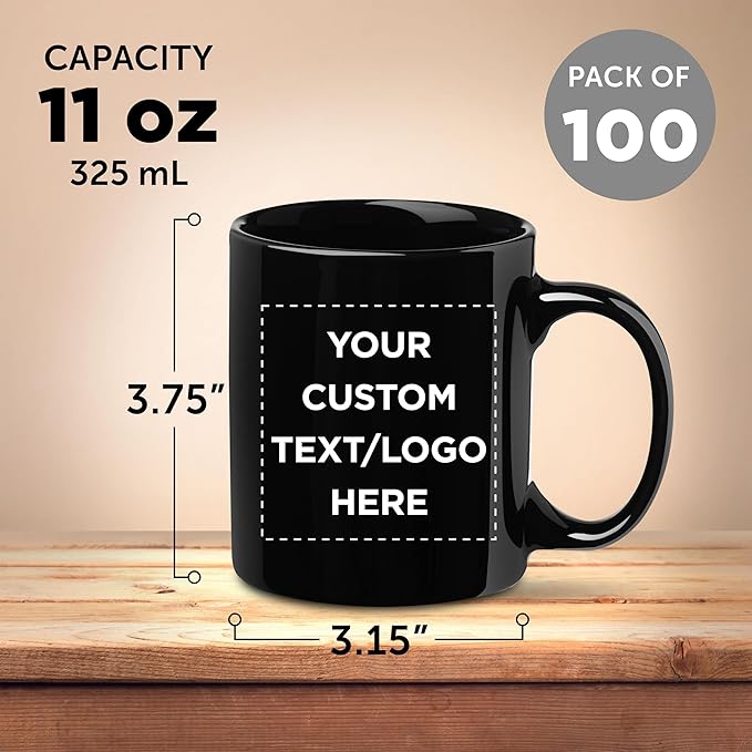 Custom Ceramic Coffee Mugs 11 oz. Set of 100, Personalized Bulk Pack - Coffee cup set, Iced coffee cup, Gaming mug - Black