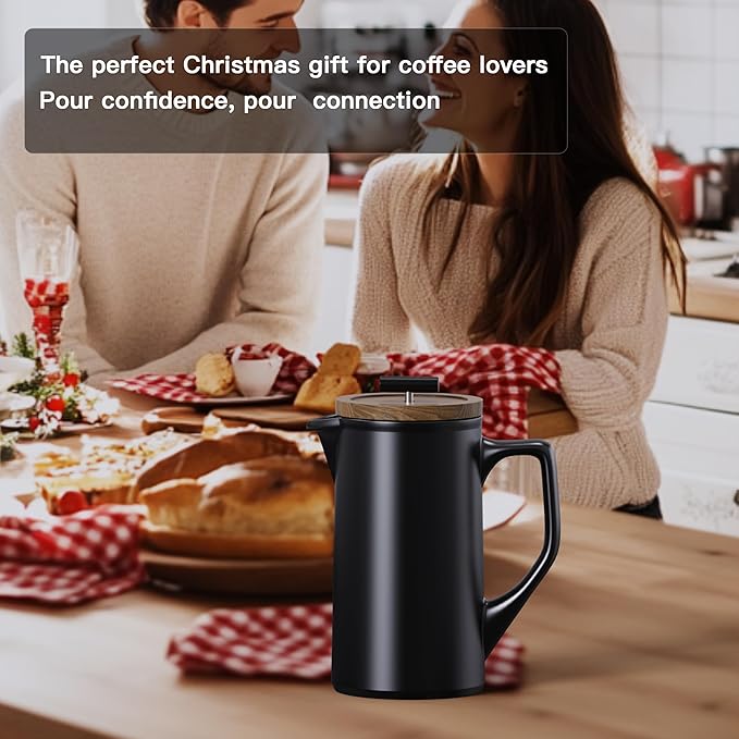 DHPO Ceramic French Press Coffee Maker, 22oz Single Serve Coffee Press with Walnut Wood Lid, Lead-Free, Food Grade Stainless Steel Filter with Dual Screen for Coffee and Loose Tea, Black