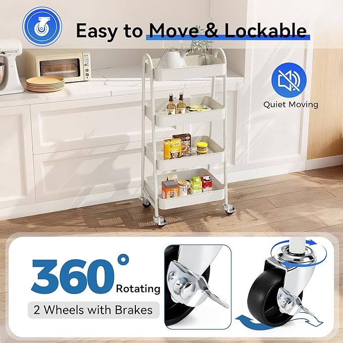 OLIXIS 4 Tier Utility Rolling Cart, Metal Mobile Storage Shelf with Lockable Caster Wheels, Organization for Livingroom, Bathroom & Narrow Places, 4-Tier White