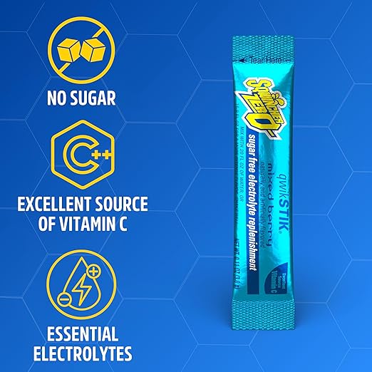 Sqwincher Zero Qwik Stik, Mixed Berry, Sugar Free, Low Calorie, Low Sodium Electrolyte Powder Hydration Drink Mix, .11 0z Packet (Pack of 50)