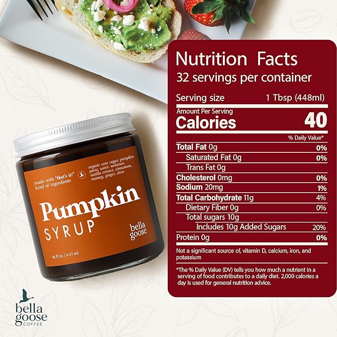 Bella Goose Pumpkin Spice Coffee Syrup Jar (16oz) - Pure Pumpkin Syrup for Lattes, Matcha, Desserts, & Ice Cream - Clean Ingredients - No Artificial Flavors- Syrups for Coffee Drinks, 32 Servings