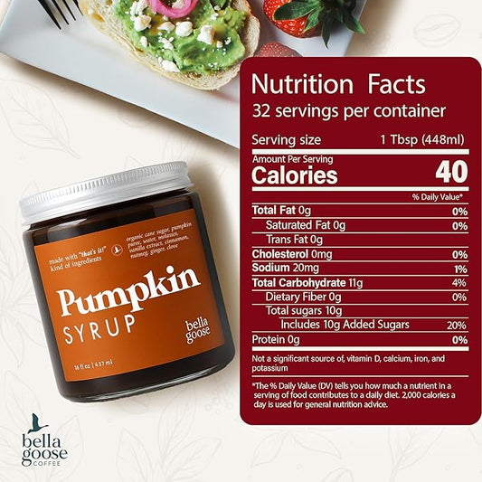 Bella Goose Pumpkin Spice Coffee Syrup Jar (16oz) - Pure Pumpkin Syrup for Lattes, Matcha, Desserts, & Ice Cream - Clean Ingredients - No Artificial Flavors- Syrups for Coffee Drinks, 32 Servings