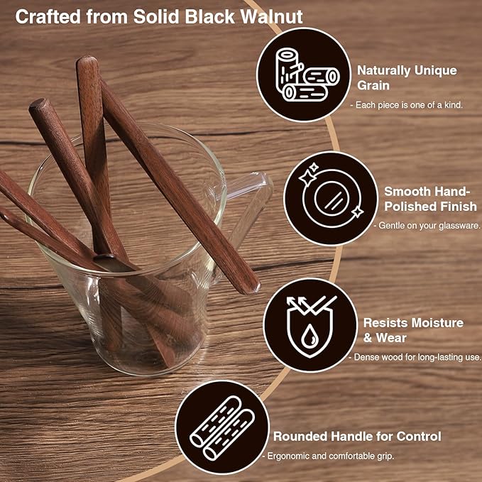 FEUNLEM Black Walnut Wood Coffee Stirrers, 6Pcs 6 Inch Reusable Stir Sticks for Coffee, Tea, Milk, Espresso, Peanut Butter Spreader, Multifunctional Wooden Stirrers with Smooth Finish (Brown, 6pcs)