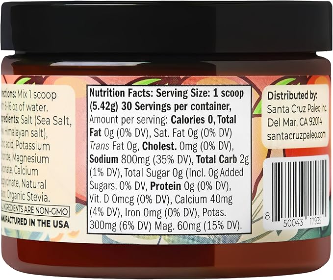 Santa Cruz Paleo Electrolyte Powder, Peach Flavor, Sugar Free Hydration Drink Mix with Himalayan Pink Salt, Sea Salt, Magnesium Glycinate, Potassium Chloride, Sweetened with Stevia, 30 Servings
