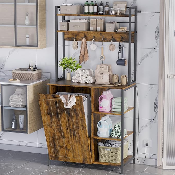 Kitchen Bakers Rack with Storage Shelf - 6-Tier Microwave Stand Oven Cabinet W/Tilting Trash Can Bin and Power Outlet, Farmhouse Thickened Coffee Bar Table Station W/6 Hooks&Adjustable feet