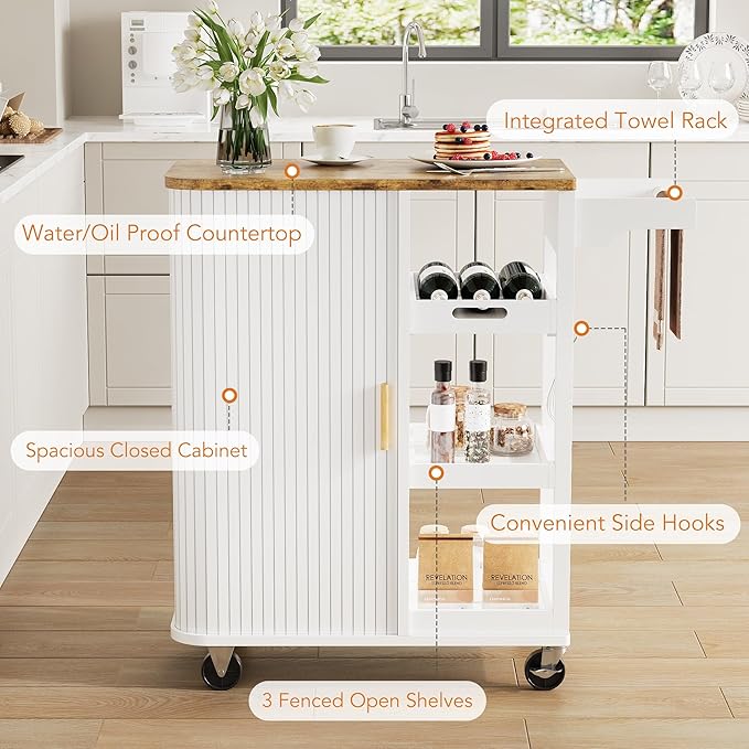 Small Rolling Kitchen Island Cart with Sliding Doors, 35.3“ Mobile Kitchen with Storage, Adjustable Height Shelves, Locking Casters Storage Island Table for Kitchen, Living Room, Dining Room（White）