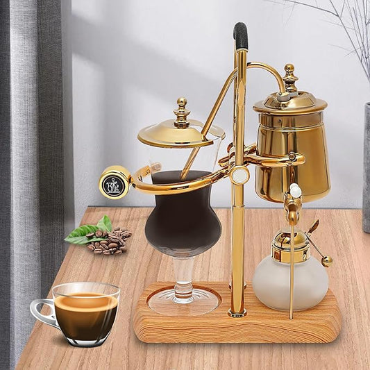 EDUJUAN Belgian Luxury Royal Family Balance Syphon Coffee Maker Belgium Siphon Brewer Elegant Design Retro-Style Gravity Vintage Coffee Maker Vacuum Brewing System Copper (Gold)