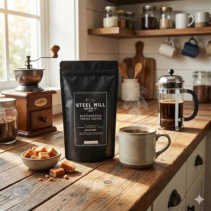Steel Mill Coffee Co. Butterscotch Toffee Flavored Coffee – Ground – Medium Roast – 100% Arabica Beans – Vegan – Sugar-Free – Gluten-Free – Gourmet Coffee – 2lb Bag