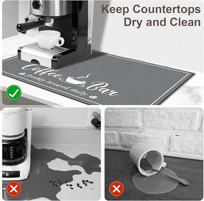 Absorbent Coffee Mat, Fashion Dish Drying Mat for Kitchen Counter Coffee Bar Accessories Espresso Machine Dish Rack 17" x 32" Dark Grey