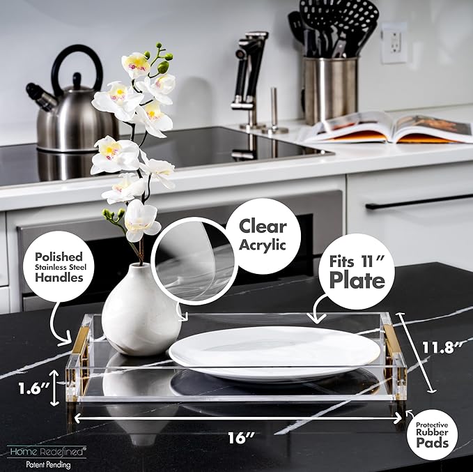 Modern 16"x12" Rectangle Acrylic Lucite Plastic Decorative Serving Tray with Gold Polished Stainless Steel Metal Handles Home Decor Ottoman Coffee Table Makeup Perfume Display Vanity By Home Redefined