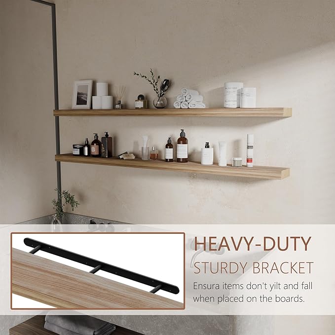 60 inch Long Floating Shelves for Wall,Solid Wood Long Shelves Set of 2,Brown Rustic Mounted Shelves for Bathroom Bedroom Home Office (Brown, 60 Inch)