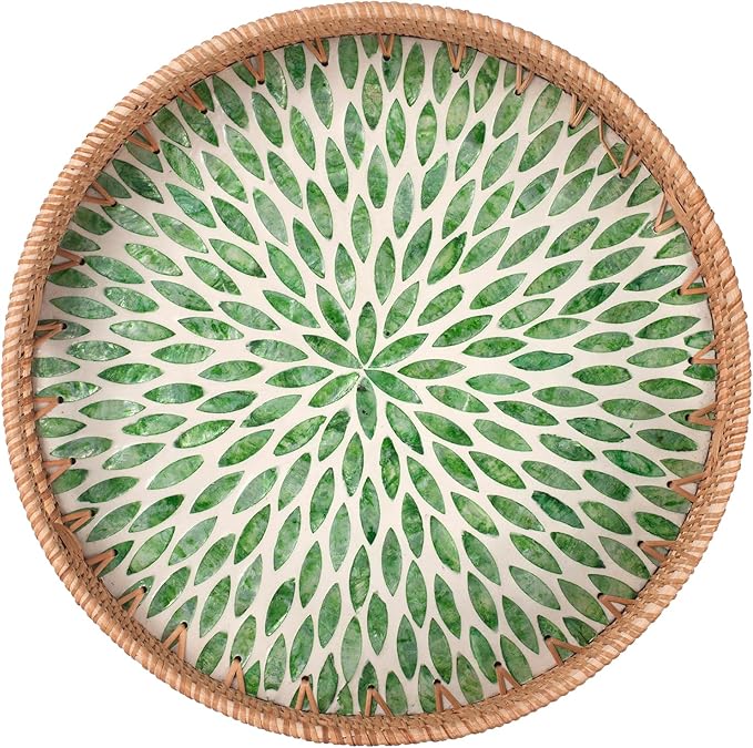YANGQIHOME Round Serving Tray with Decorative Mother of Pearl Inlay, Woven Rattan Tray for Home Decor, Table Decor, Gifts, Dining, Food, Fruit, Coffee, 13.8 inch