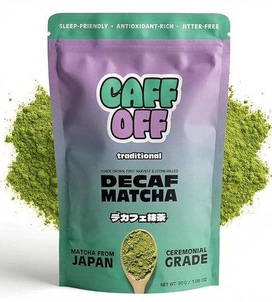 Caff Off Decaf Matcha Green Tea Powder From Japan – Small Premium Bag - 1.06 oz / 30 g – Ceremonial Grade – Naturally Decaffeinated Without Chemicals – Tested for Heavy Metals