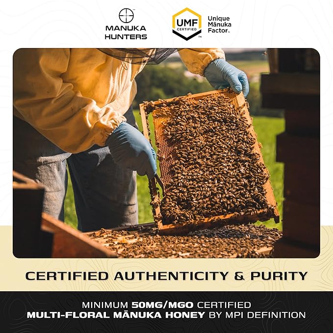 Manuka Hunters/MGO 50+ Certified New Zealand Manuka Honey - 100% Pure Natural Sweetener - Gluten, Dairy Free - Ideal for Tea, Coffee, Smoothies, and Baking - Sustainable - 8.8oz/250g Jar