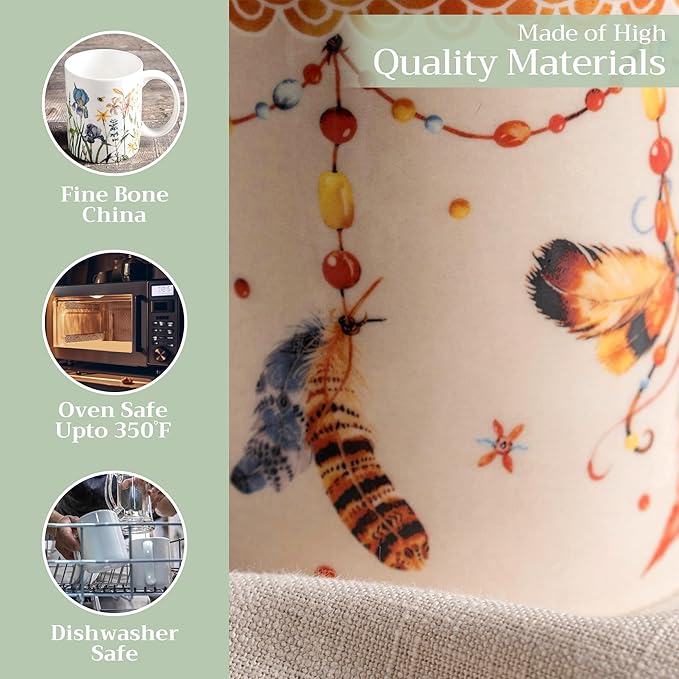 Maison d' Hermine Coffee Mug with Handles Fine Bone China Mugs Pack of One Tea Cups for Hot Beverages Cappuccino Latte Home Restaurant Office Perfect for Gift (Ibiza - Beige - Feather, 15 Ounce)
