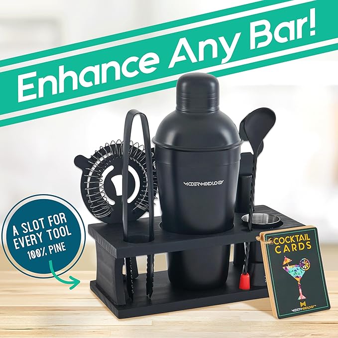 Modern Mixology Cocktail Shaker Set - 8 Piece Bartender Kit on Quality Pine Stand | Complete Cocktail Kit Gift Set | Top Bartender Gifts for Men | Leak Proof Design (Black)