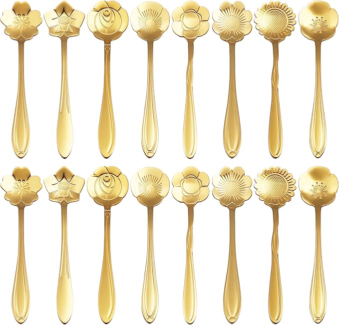 16 Pieces Flower Spoon Coffee Teaspoon Set, PBIEHSR Stainless Steel Coffee Tea Spoons for Drink Mixing Milkshake Jam (Gold-16)