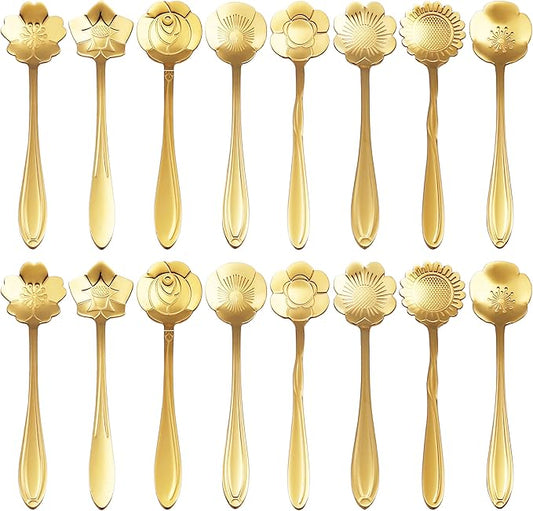 16 Pieces Flower Spoon Coffee Teaspoon Set, PBIEHSR Stainless Steel Coffee Tea Spoons for Drink Mixing Milkshake Jam (Gold-16)
