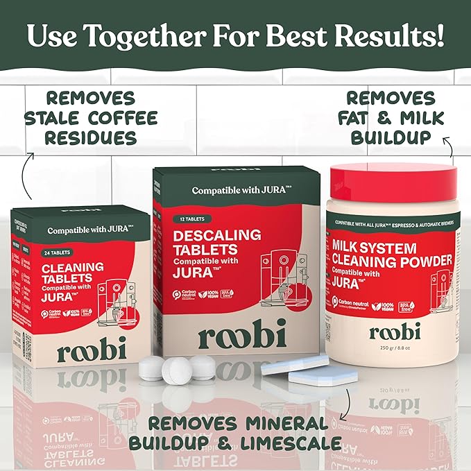 Roobi Compatible Milk System Cleaning Powder for Jura. Specially formulated for Jura Automatic Espresso Coffee Machines. 100% Vegan, Carbon Neutral.