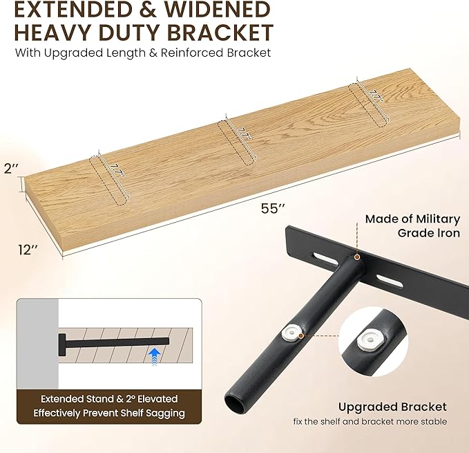 Dreamland 55" Floating Shelves for Wall, 12" Deep Thicker Oak Floating Shelves, Wall-Mounted Shelves for Bedroom, Living Room, Kitchen, Bathroom - Set of 1