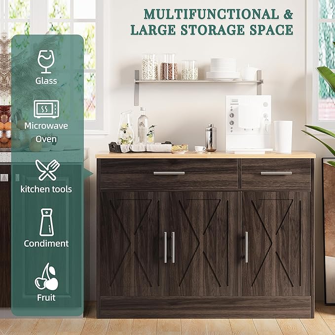 Shintenchi Modern Farmhouse Sideboard Buffet Cabinet,Barn Doors Buffet Cabinet with 2 Drawers & 3 Doors,Wood Coffee Bar Cabinet with Adjustable Shelf for Kitchen Living Room,Brown