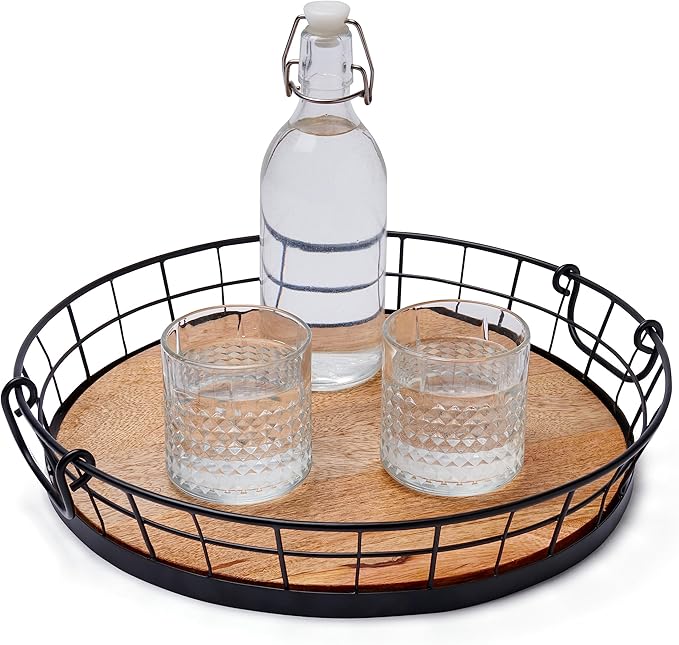 Spectrum Madison Round Metal Wooden Serving Tray with Handles for Living Room Kitchen Counter Ottoman Coffee Bar Dining Table Decorative Home Organizer Platter, Rustic Black Metal & Light Wood Tray