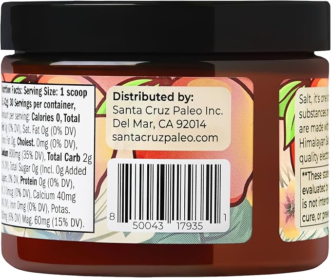 Santa Cruz Paleo Electrolyte Powder, Peach Flavor, Sugar Free Hydration Drink Mix with Himalayan Pink Salt, Sea Salt, Magnesium Glycinate, Potassium Chloride, Sweetened with Stevia, 30 Servings