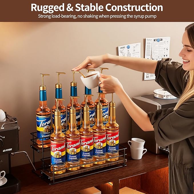 Nuovoware Coffee Syrup Organizer, 2-Tier 10 Bottles Bar Organizer, Separable Metal Rack with Wooden Base Whiskey Wine Dressing for Countertop Kitchen Coffee Bar, Black
