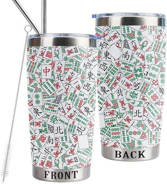Mahjong Gifts, Mahjong Themed Stainless Steel Insulated Tumbler with Lid and Straw 20oz, Mahjong Lover Gift Mahjong Player Gift for Friend Family (Mahjong)