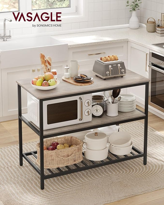 VASAGLE Kitchen Island with 3 Shelves, 47.2 Inches Width Kitchen Shelf with Large Worktop, Stable Steel Structure, Industrial, Easy to Assemble, Greige and Black UKKI001B02