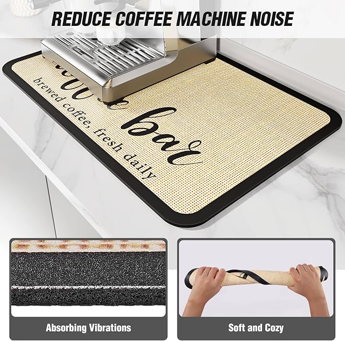DK177 Coffee Mat - Dish Drying Mat for Kitchen Counter, Hide Stain, Absorbent with Waterproof Rubber Backing, Fit Kitchen Dish Rack Bar Accessories (Coffee Bar, 24" x 16")