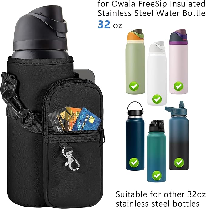 Water Bottle Carrier Bag with Strap for Owala FreeSip 24/32oz with Detachable Phone Pocket for Owala Accessories 24/32oz Water Bottle Sleeve for Walking Camping Gym