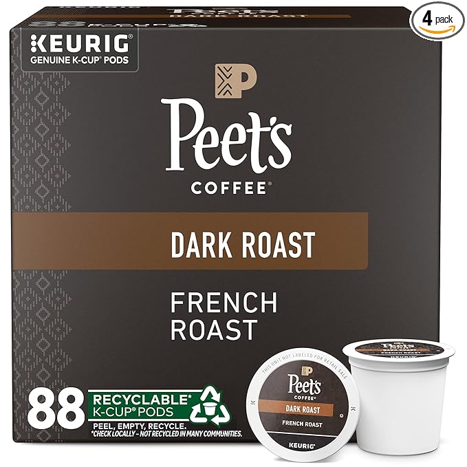 Peet's Coffee, Dark Roast Keurig K-Cup Pods, 100% Arabica Coffee - French Roast 88 Count (4 Boxes of 22 Pods)