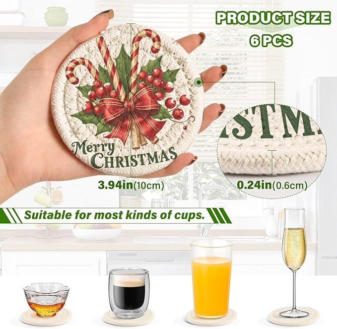 Christmas Coasters with Holder Merry Christmas Bow Candy Holly Canes Coasters Set of 6 Cotton Woven Absorbent Cup Coaster Xmas Holiday Party Table Decor 4 Inches