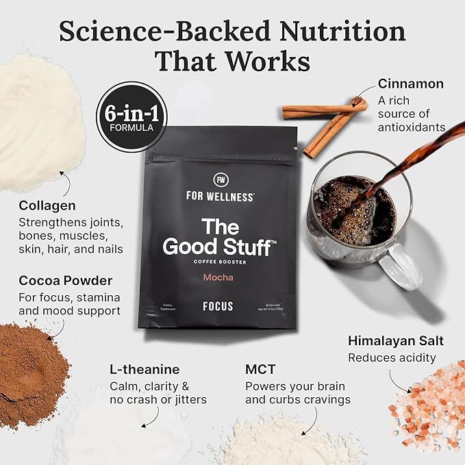 For Wellness The Good Stuff Focus | Healthy Mocha Coffee Creamer Powder with Collagen, MCT Oil & L-Theanine | Keto Non-Dairy Coffee Booster for Focus & Energy | 30 Servings