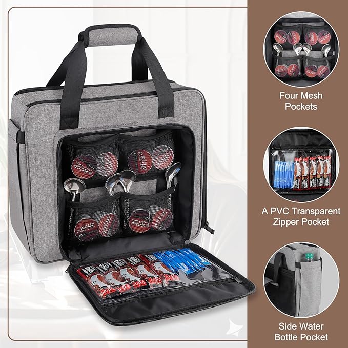 Portable Carrying Coffee Maker Travel Bag Match for Keurig K-Mini/K-Mini Plus/K-Express, Single Serve Coffee Machine Travel Bag with Padded Shoulder Straps Includes Multiple Storage Bags, Black