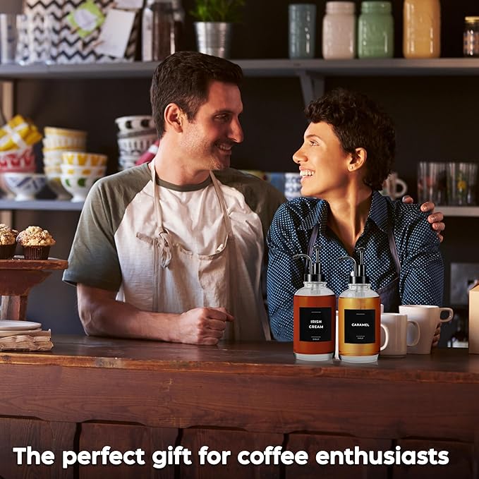 Spaceneat Coffee Syrup Dispenser with Pump - Includes 24 Flavor Labels - Glass Syrup Dispenser for Coffee Bar - Elevate your Beverage Station with 16.9 fl oz Flavoring Container Bottles, 2pcs, Black