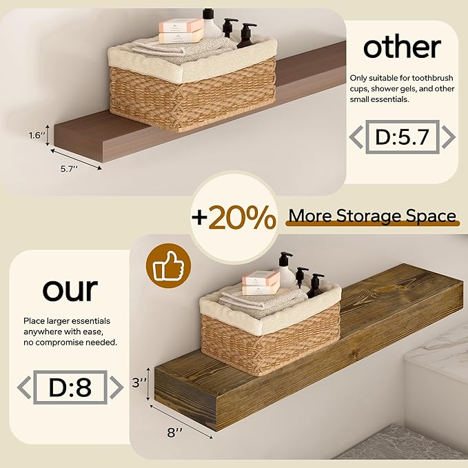 Floating Shelves 24 inch for Wall Set of 2,3 inch Thick Pine Wood Wall Mount Shelf for Kitchen Living Room Bedroom Bathroom,8" D x 24" L x 3" H-Dark Walnut