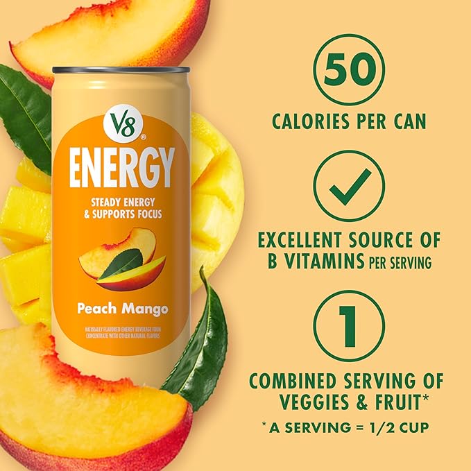 V8 Energy Peach Mango Energy Drink, 8 fl oz Can (12 Pack)