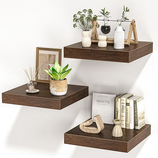 Square Floating Shelves for Wall, 12" W x 12" D x 1.4" H, Small Wooden Wall Mounted Display Shelves with Invisible Brackets for Living Room, Bedroom, Bathroom, Kitchen Decor, Set of 3, Walnut