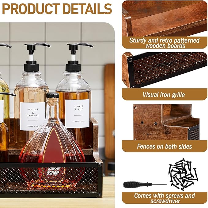 Menkxi Coffee Syrup Rack Liquor Bottle Display Shelf 6/12 Bottles Wood Liquor Shelf with Fences Cabinet for Whiskey Wine Coffee Syrup Display(2 Tier)