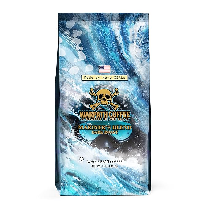 Warpath Coffee Dark Roast Whole Bean Coffee, Mariner's Blend, High Caffeine, Extra Strong Roasted 100% Arabica Coffee Beans Whole, Rich Aroma, Full-Bodied Intense Cup, Created by Navy SEALs, 12oz