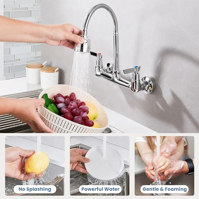 Airuida Chrome Polish Wall Mount Kitchen Sink Faucet 8 Inch Center Unility Faucet Wall Mounted Double Lever Handles Commercial Faucet with 360 Degree Rotation Sprayer Brass Valve Body Mixer Tap
