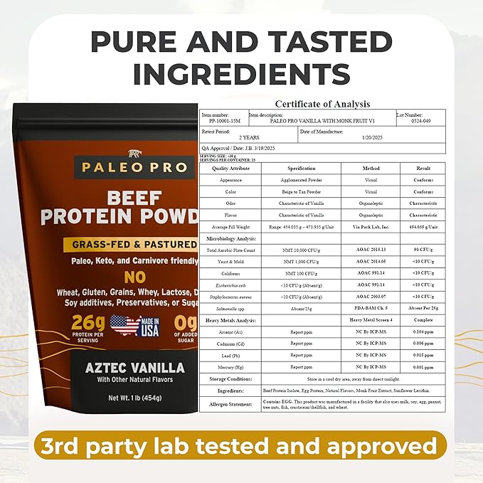 Paleo Pro 26G Beef Protein Powder - Grass Fed Protein Powder Isolate - Pure Animal Based Pastured & Cage-Free | Dairy & Gluten Free, Natural & Clean Proteins for Paleo & Keto - 15 Days Supply Vanilla