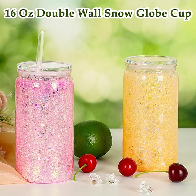 16 Oz Plastic Snow Globe Tumbler with Lid and Straw, 6 Pack Double Wall Pre Drilled Plastic Mason Jar Cups Can for Snow Globe Glitter DIY Gift(Clear)