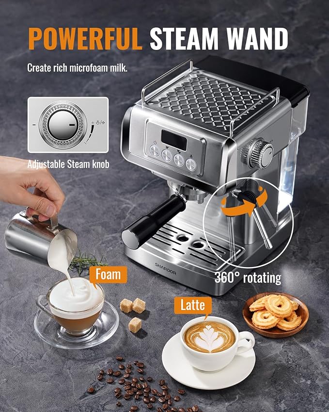 SHARDOR 20-Bar Espresso Machine for Home Barista, Built-In Steam Wand for Latte & Cappuccino, Stainless Steel Espresso Coffee Maker with Temp Display, 1350W, 60oz Water Reservoir