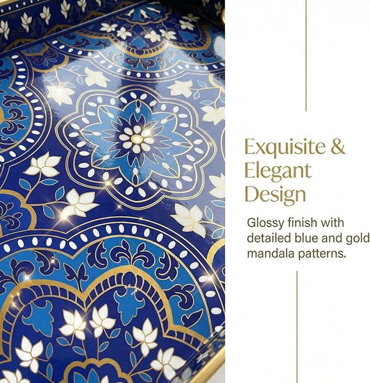Zosenley Decorative Serving Tray with Handles - 15.7" x 11.8" Blue Mandala Pattern Rectangular Plastic Platter - Boho Coffee Table Tray for Ottoman, Breakfast in Bed & Living Room Decor